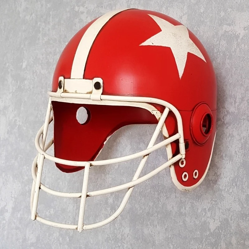 

‌Vintage Football Helmet Display, Distressed Iron Wall Décor, Rustic Restaurant Hanging Art, Realistic Sports Replica Props