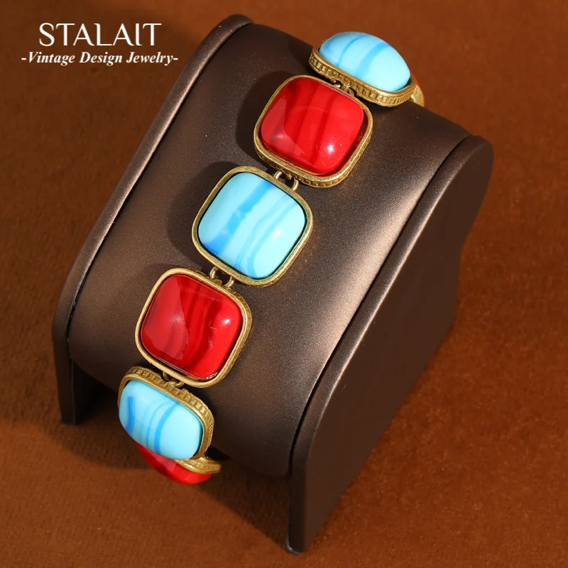 

Vintage Square Resin Bracelet Charms Blue Red Natural For Woman Antique Gold Color Wedding Jewelry Bangles High Quality 2025