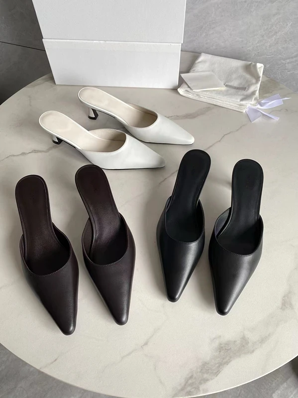 Dave&Di Minimalist Genuine Leather High Heels Shoes Women French Fashion Elegant Pointed Mules Shoes For Commuting