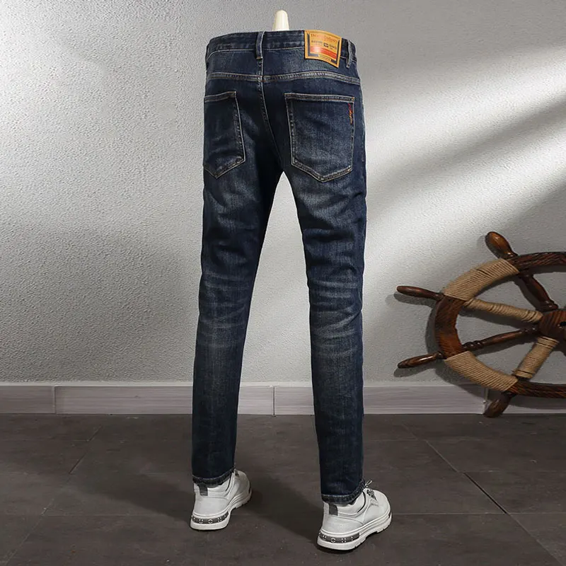 European Fashion Men Jeans High Quality Retro Washed Blue Elastic Slim Fit Vintage Jeans Men Casual Designer Denim Pants Hombre