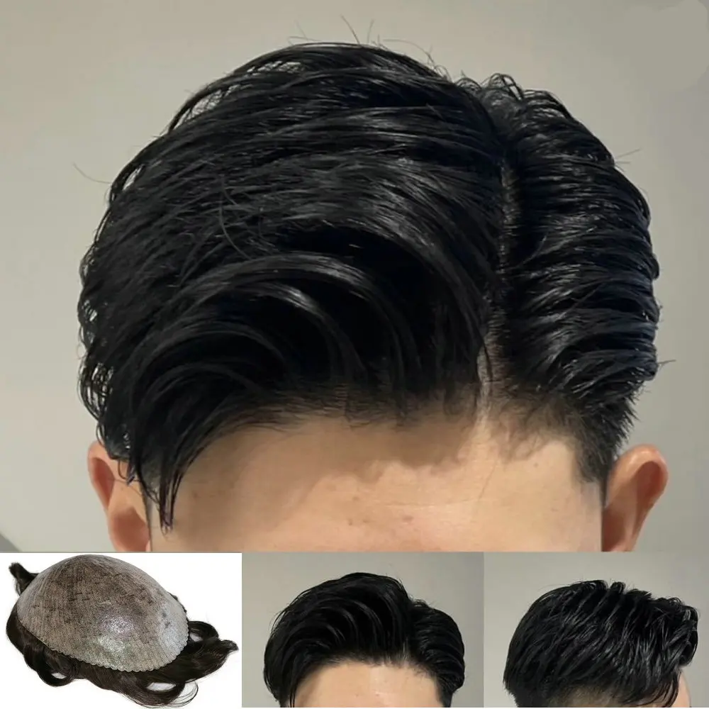 Toupee Micropele Durável para Homens, Nó Invisível, Linha Fina Natural, Peruca de Cabelo Humano, Prótese Completa PU, Preto, 1B Natural