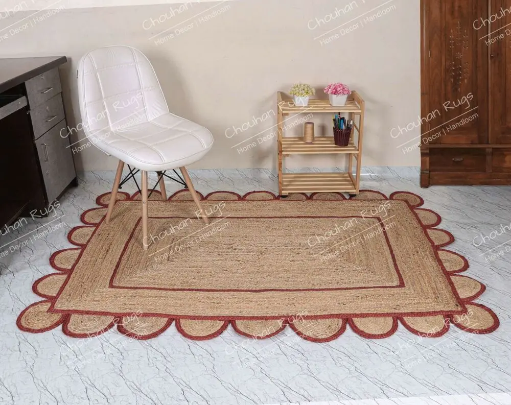 Indian Handmade Natural Jute Rugs Red Scalloped Braided Runner Carpet Home Decor Rugs for Bedroom