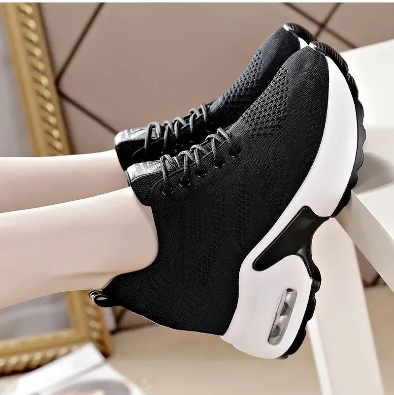 Women\'s Wedge Heel Platform Sneakers Platform Air Cushion Casual Inner Heightening Mesh Breathable White Sports Walking Shoes