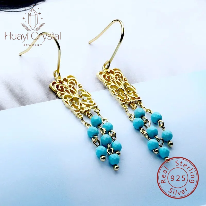 

Bohemian style 925 sterling silver long tassel turquoise earrings ear hook women Japanese Korean fashion accessories wholesale