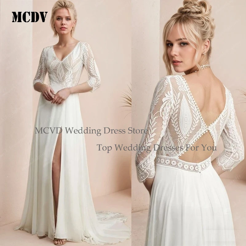 

MCDV Women Beach Wedding Dresses Bohemian 3/4 Sleeves Long Chiffon Bridal Gowns Open Back Customized Sexy Boho Civil Gowns