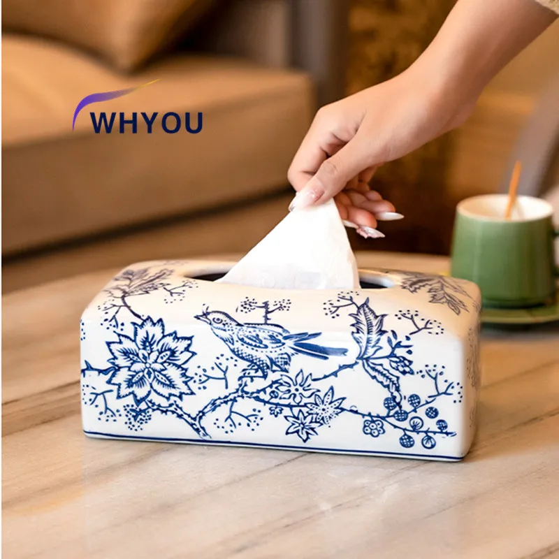 WHYOU-Chinese Blue and White Portable Tissue Boxes, Antique Canister, Noble Home Decoration, Storage, Tissue Holder Box, Wedding