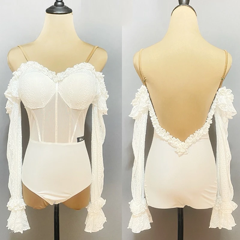 

White Off-Shoulder Latin Dance Clothes Long Sleeve Bodysuit ChaCha Dancing Performance Costume Rumba Practice Tops
