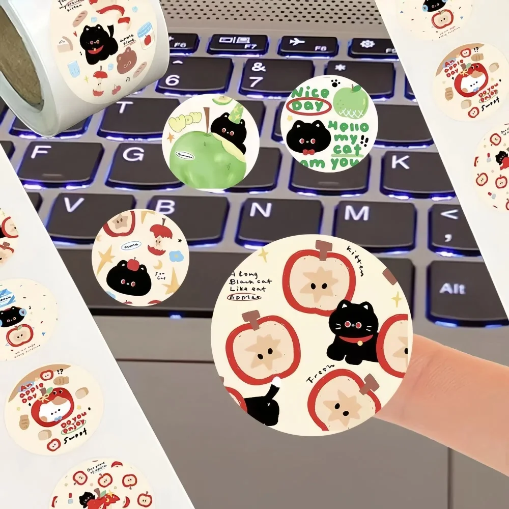 500 قطعة من لفة ملصقات القطة السوداء والتفاح كاواي - 14 أنماط لطيفة لمخطط سجل القصاصات بنفسك والهدايا لمحبي القرطاسية