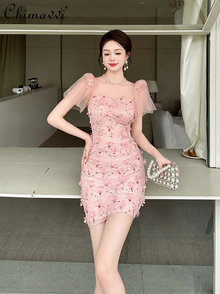 

French Elegant Sweet Pink 3D Flower Embroidery Mesh Splicing Diamond Round Collar Short Sleeve High Waist Slim Short Dress Women