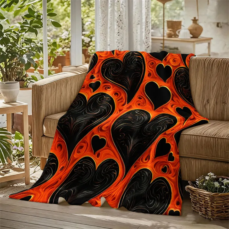 Ornate Hearts Orange Black Flannel Blanket Perfect for Sofa Office Bed Travel Sleep Read Relax Camping Four Season Use