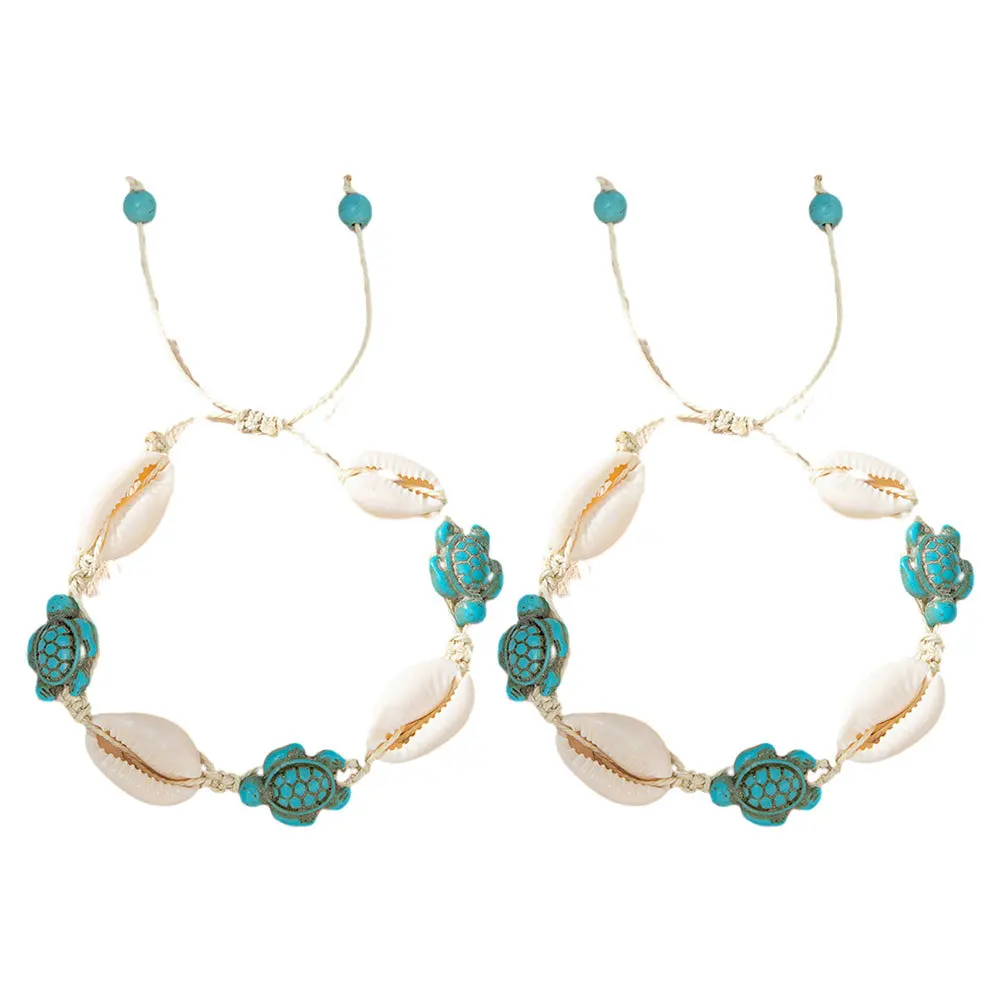 

2Pcs Shell Turtle Bracelet Anklet Handmade Boho Jewelry Adjustable Natural Beach Bead Women Summer Outfits Natural Shell