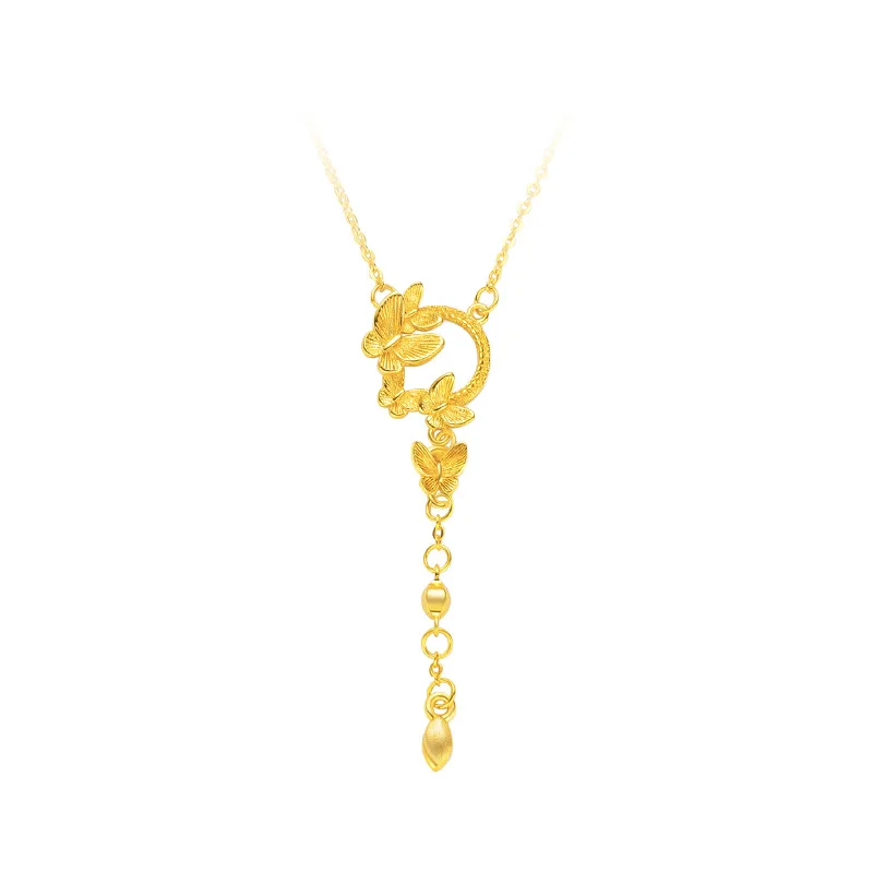 9999 24K real gold niche super fairy high-end flower wreath collarbone chain fashionable butterfly tassel women\'s necklace
