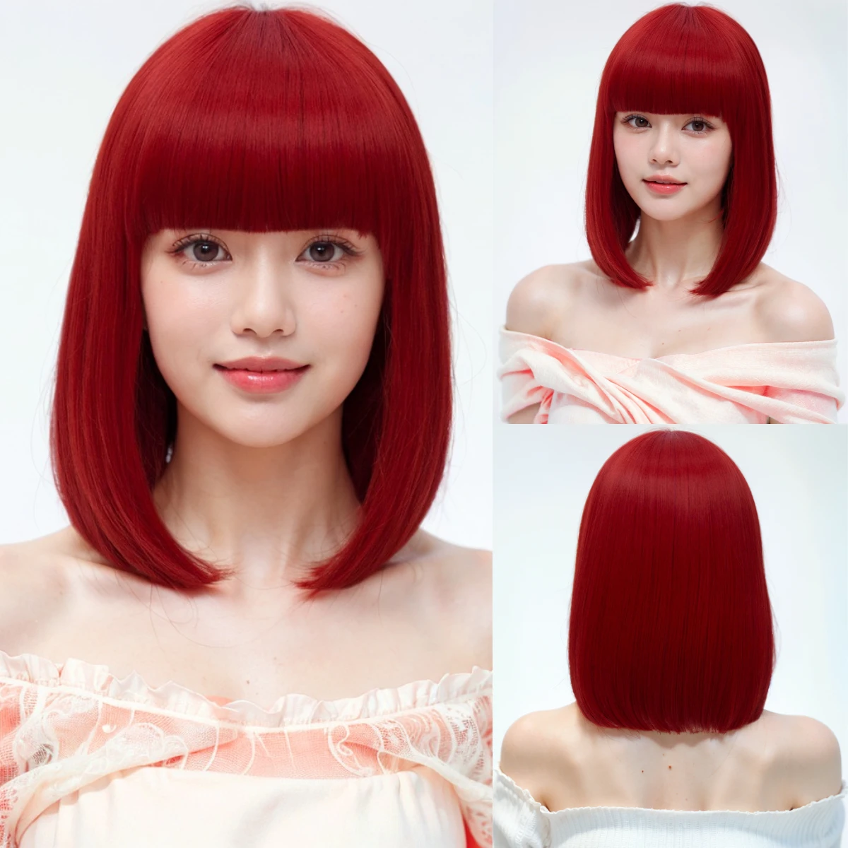 

Synthetic Short Straight Red Bob Wigs With Bangs for Women Daily Cosplay Lolita Party Breathable Wigs