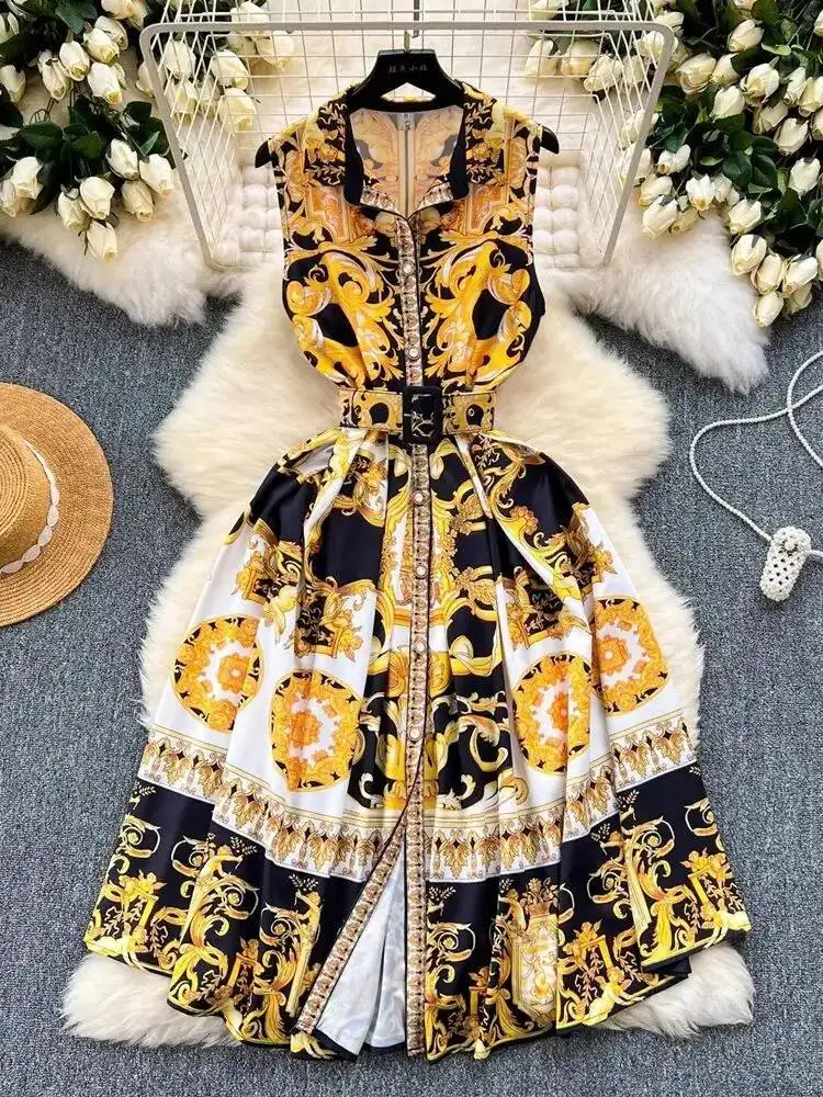 JAMERARY แฟชั่นฤดูร้อน Holiday ดอกไม้ Midi เสื้อผู้หญิงแขนกุด Baroque พิมพ์เข็มขัดยาว Vintage Party Vestidos