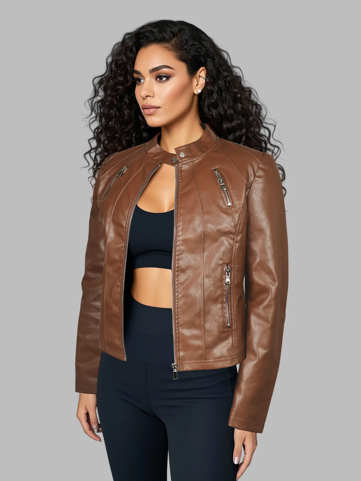 Mandylandy Slim-fit Faux Leather Women's Stand-up Collar Locomotive Jacket เสื้อหนังมอเตอร์ไซค์ยุโรปและอเมริกา