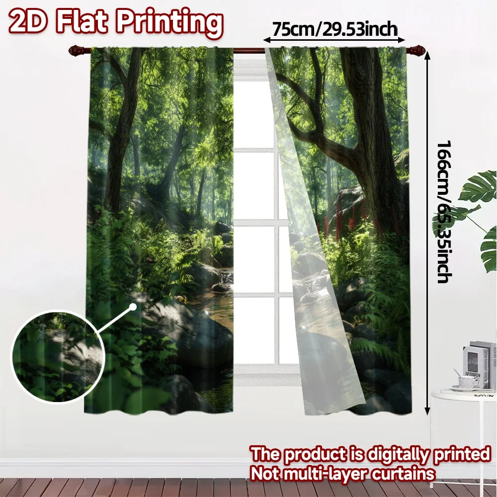 2pcs, 2D FLAT PRINTING Curtains (Without Rod) Forest Stream Creative Popular Curtains Versatile 100% Polyester Curtains Thermal