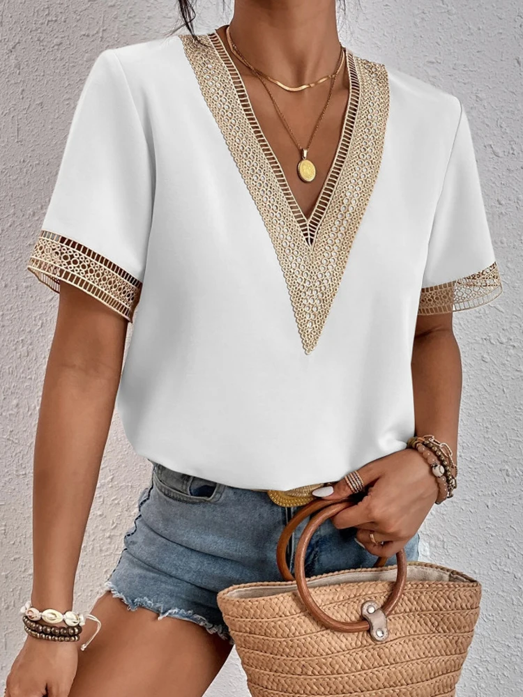 Women V-neck Lace Parchwork Blouse Clothes Short-Sleeved T-Shirt Loose Smooth Ice Soft Silk Casual Streetwear Top