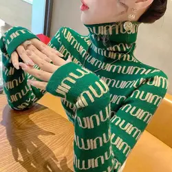 Turtleneck Slim Knitting Bottoming Shirt Women Autumn Winter Fashion Letter Jacquard Sweater Casual Simplicity Knitwear Tops