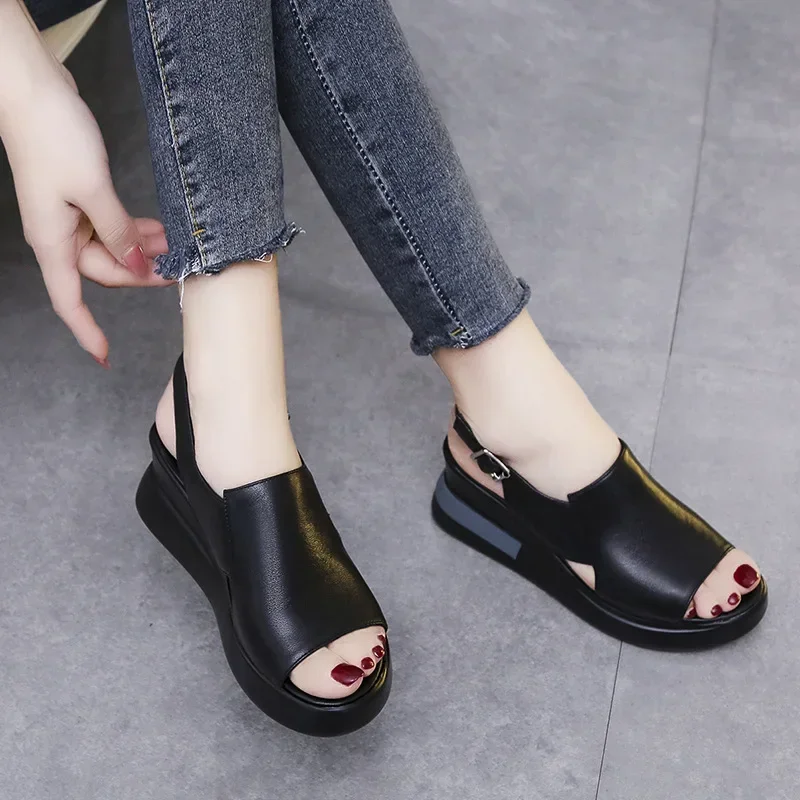 Women's Platform Wedge Sandals New Summer High-heeled Fish Mouth Women's Shoes Soft Leather Heightened Platform Shoes