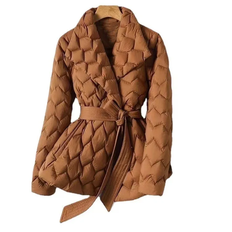 Winter Temperament Water Ripple Quilted Lightweight Down Cotton Jacket Lapel Waist Cinched Mid Length Elegant Cotton Coat