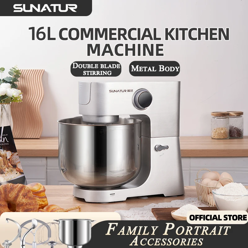 SUNATUR 16L Stand Mixer Large capacity electric kitchen mixer Commercial Food processor Kneader Large capacity 304 bowl 8 speeds