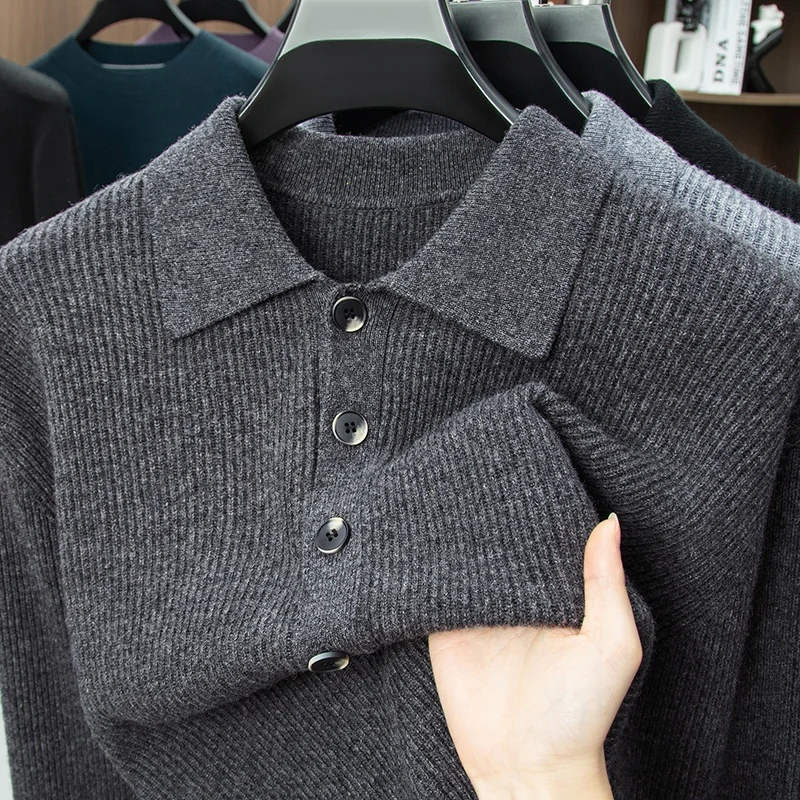 

Man Luxury Brand Long Sleeves Knitwear 100% Wool Lapel Four-Button Non-deforming Warm Autumn New Sweater Lazy Leisure Men's Tops