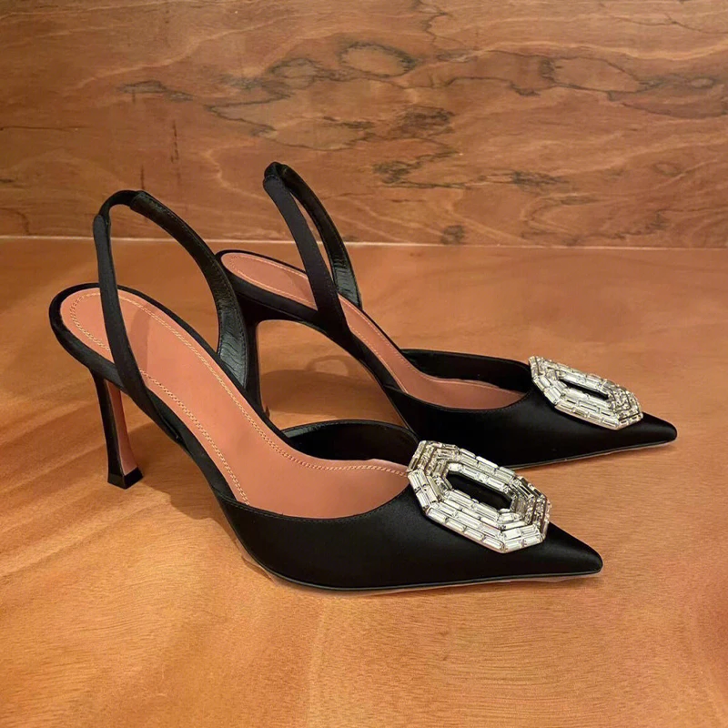 

Rhinestone Baotou Sandals Women 2024 Early Spring New Black All-matching Temperament Silk Pointy Back Trip Strap Stiletto Heels