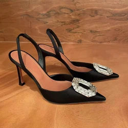 Rhinestone Toe Sandals Women's New Black Versatile Temperament Silk Pointed Toe Back Strap Stiletto Heels