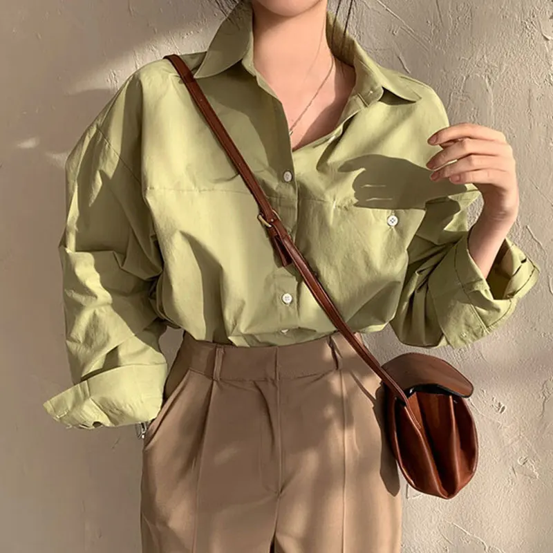 Chic Spring Soft een Oversize Casual Pure Color Long Sve irt Women's Turn-down Collar Top Versatile Loose Fit