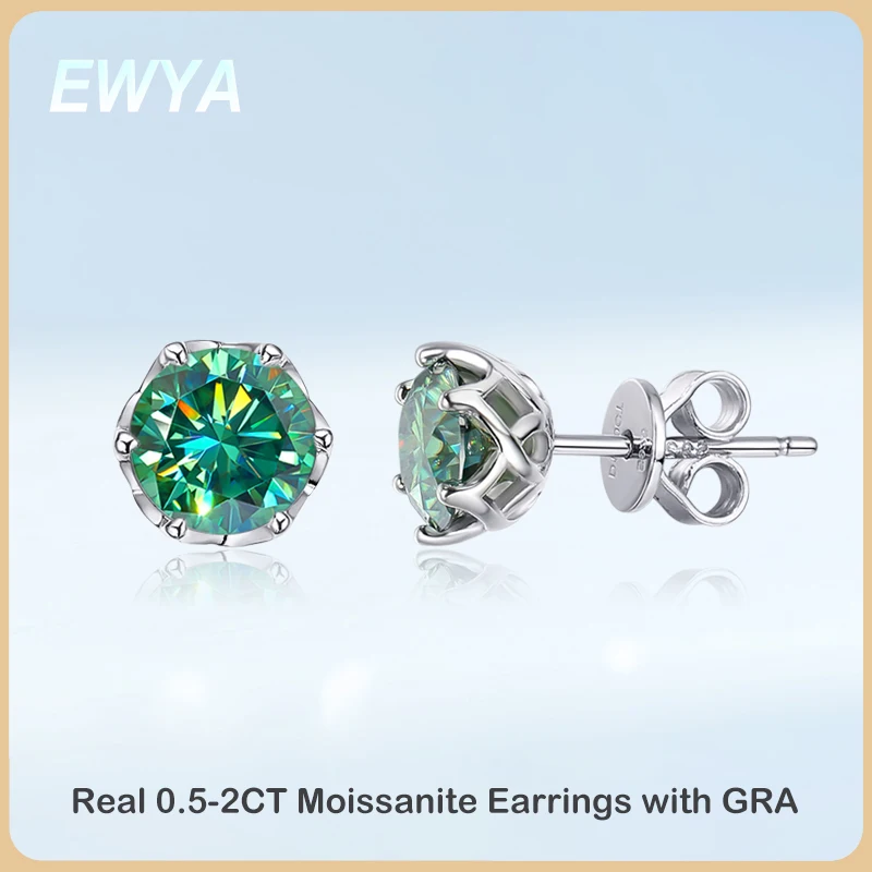 EWYA Real 0.5-2CT D Color Moissanite Stud Earrings For Women Girls S925 Silver Green Black White Diamond Ear Studs Fine Jewelry