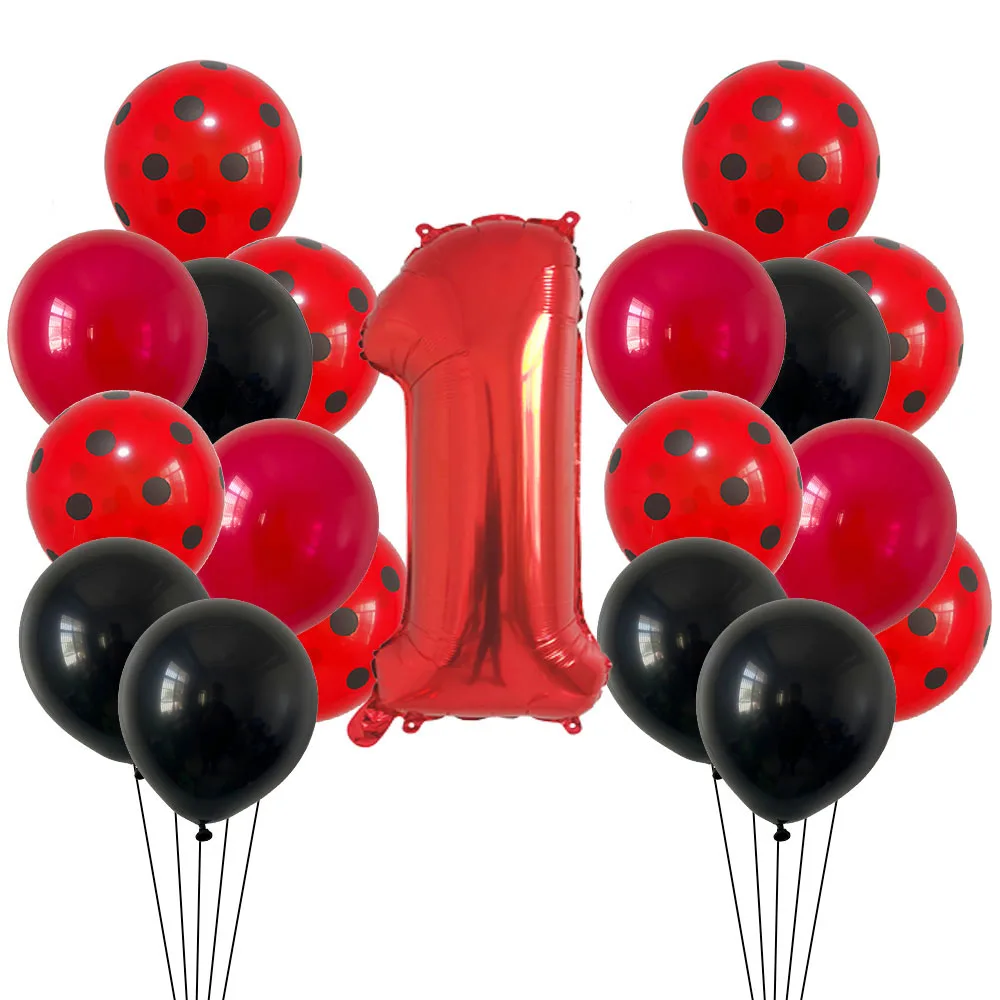 21 pz 12 pollici rosso nero puntini palloncini coccinella decorazioni per feste di compleanno Baby Shower 32 pollici numero rosso forniture per