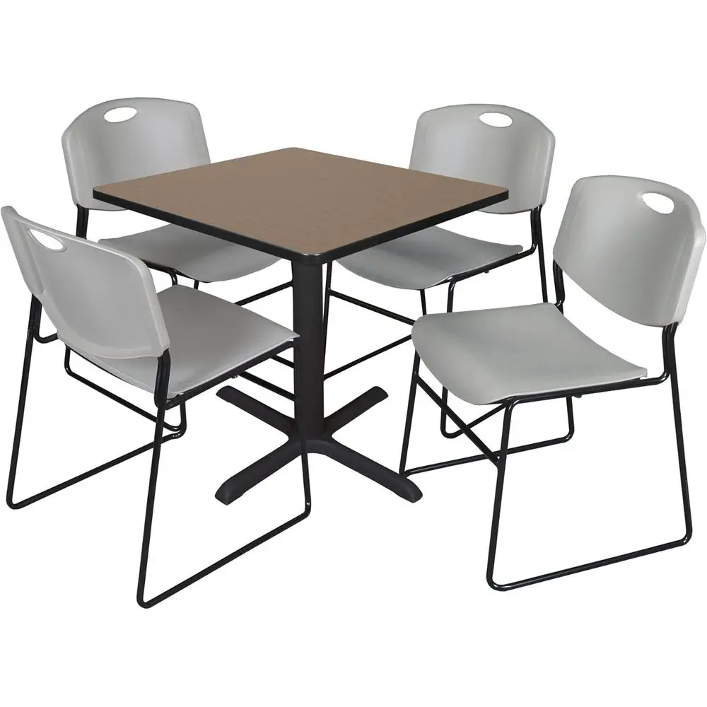 

30 Inch Square Cafe Table with Noble Oak Finish and 4 Grey Stacking Chairs