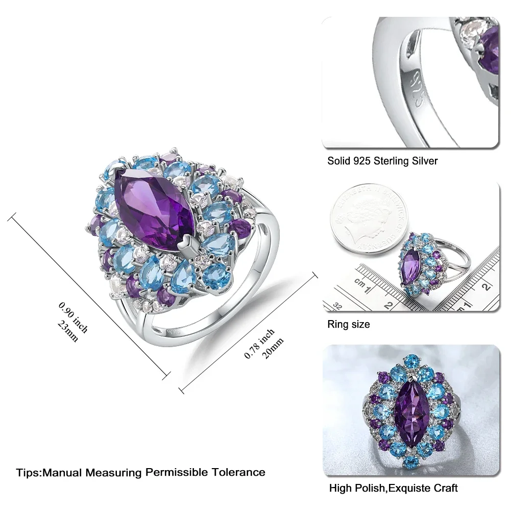 GZ ZONGFA Original 925 Sterling Silver Ring for Women Natural Amethyst Mixed Gemstone 5.1 Carats Elegant Party Fine Jewelry