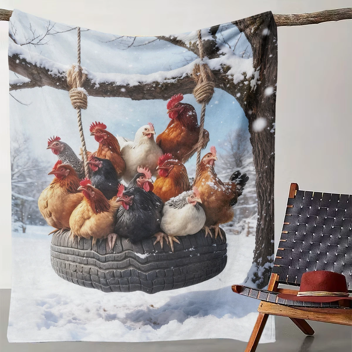 

1 Fun Chick Snow Tire Swing Blanket Cute Poultry Flannel Throw