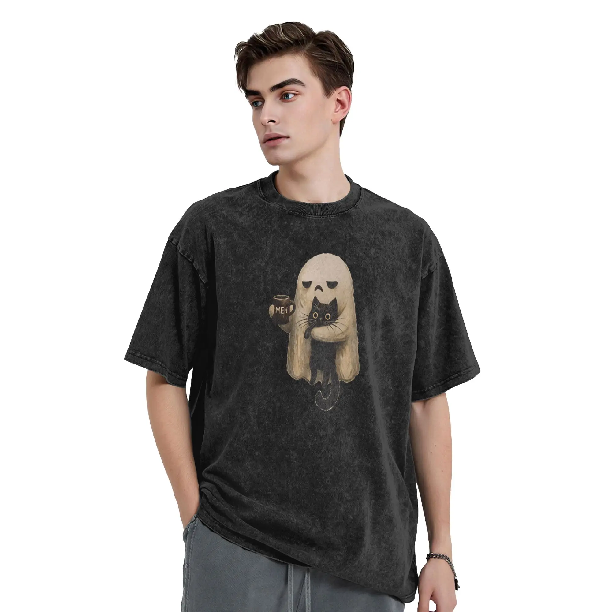 Oversized Washed T-Shirt Ghost-Cat Spooky Black Cat Aesthetic Loose T-Shirts Halloween Coffee Lover Printed Tops