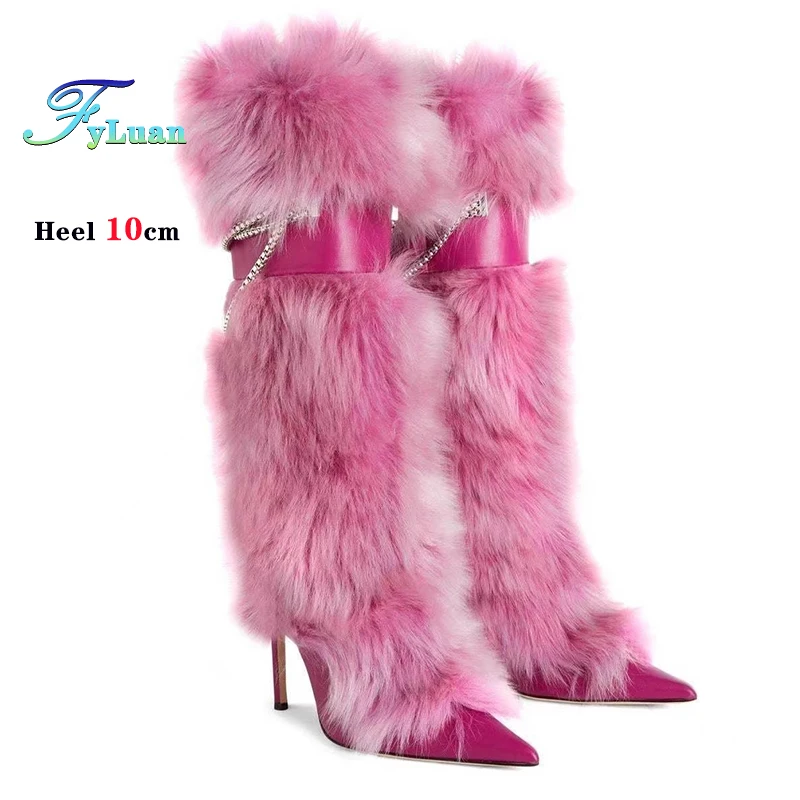 Sexy Ladies Catwalk Party Plush Women Boots Winter Metal Chain Rhinestone Stage Model Shoes Pointed Thin High Heel Knee Boots