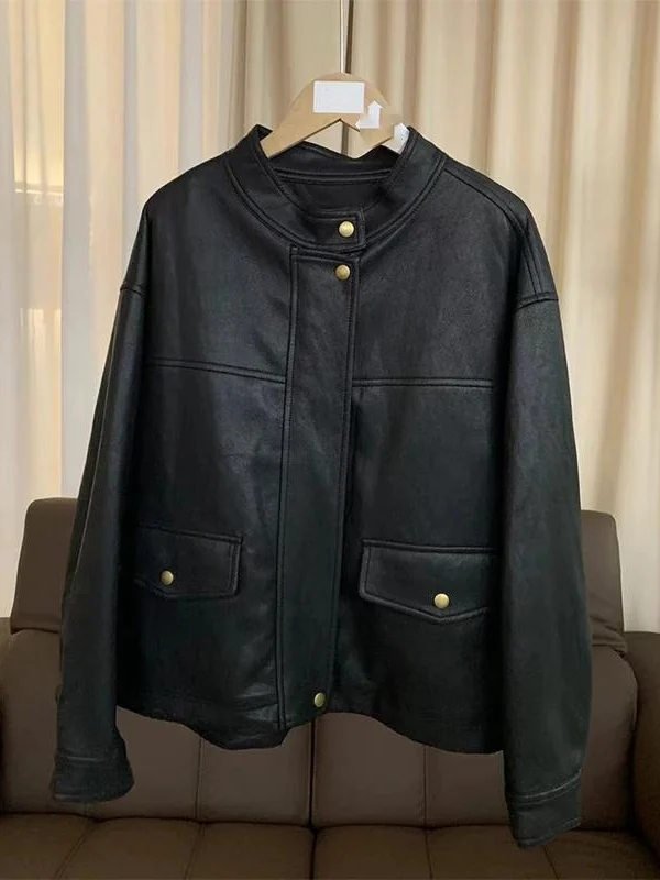 Jaqueta Feminina de Couro Coreana com Gola Alta, Estilo Motociclista, Nova Coleção Primavera, Solta com Cordão, Sensação de Luxo