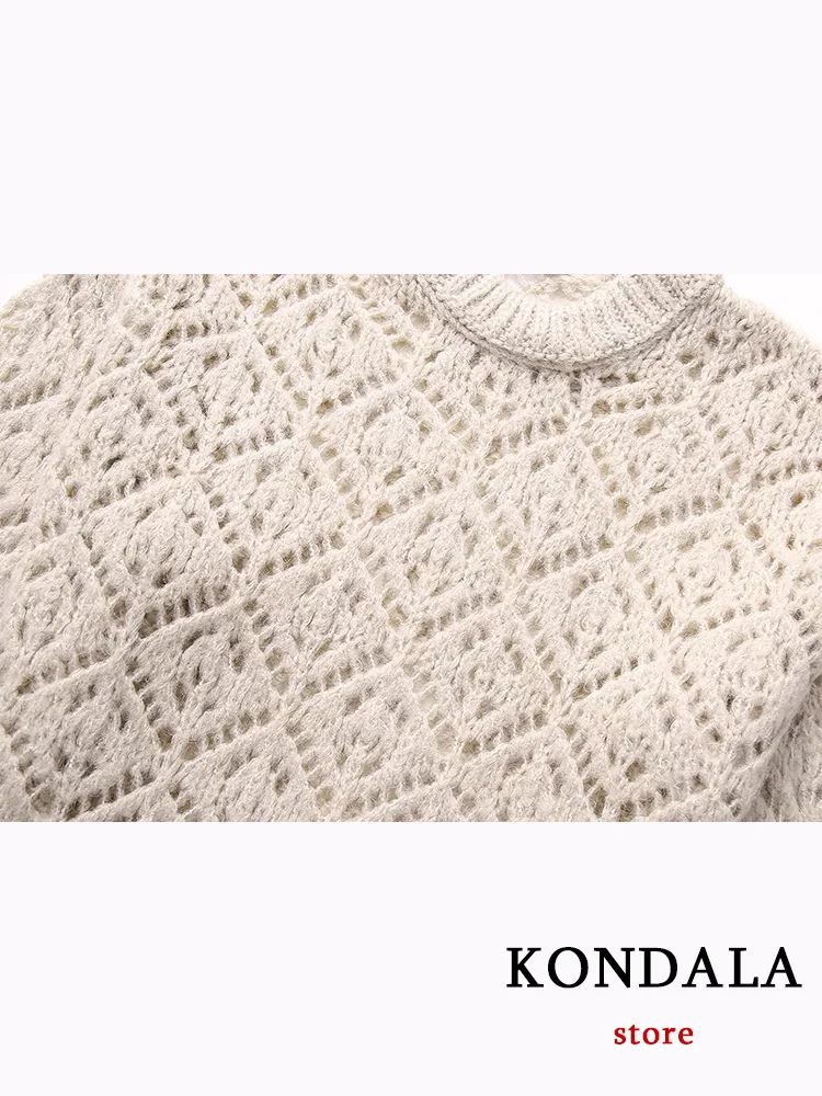 KONDALA Sweater wanita kasual Vintage, atasan Sweater rajutan lengan panjang Solid, pullover Hollow Out musim gugur 2023