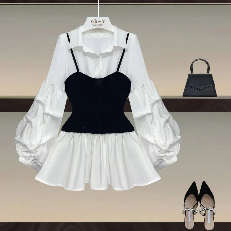 フレンチスタイルカラーブロックパッチワークフェイクツーピース女性のシャツフレアスリーブラペルウエスト締め付けシャツルーズ秋トップ