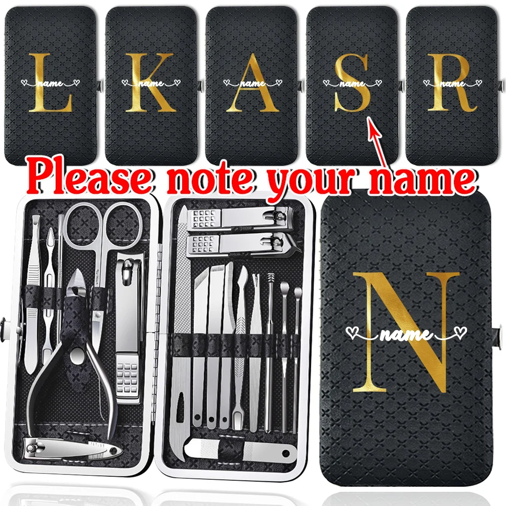 

Customized Name 19Pcs Professional Manicure Cutters Set Pedicure Tools Stainless Steel Nail Clippers Kit Organizer Grooming Box