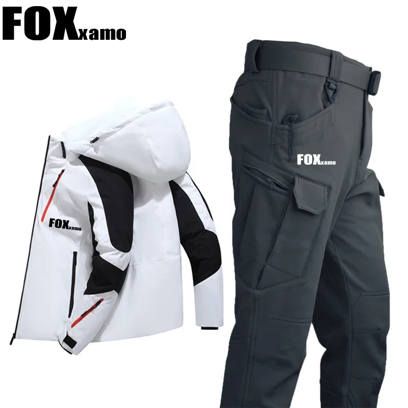 FOXXAMO Autumn Winter Men's Thickened Warm Cycling Suits Outdoor Windproof Hooded Climbing Jacket + Waterproof Tactical Pants