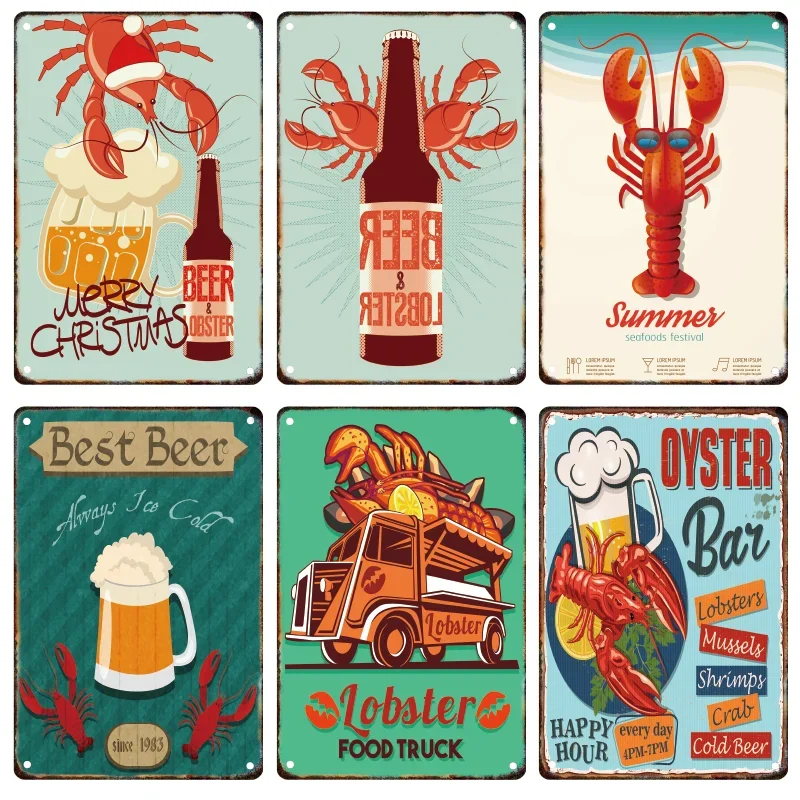 Lobster Crab Metal Poster Sign Plaque Vintage Food Signage Restaurant Kitchen Club Bar Modern Wall Art Decor Mural Aesthetics