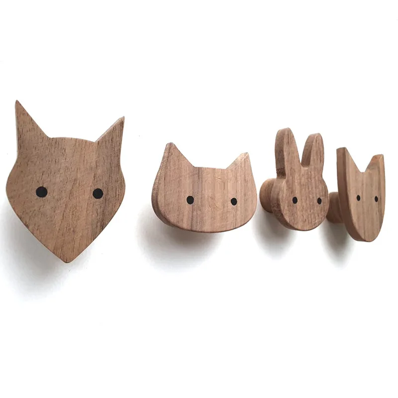 Walnut Oak Solid Wood Coat Hooks Cute Animal Children Room Decoration Wall Hook Key Holder Nordic Hanger Cat Dog Lion 4pcs/pack