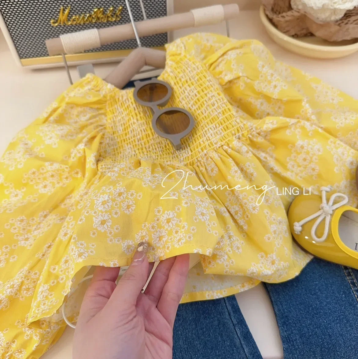 Children\'s Clothing Sets Yellow Bubble Sleeve Floral Shirt +Jeans 2pcs Kids Clothes Girls Kids Boutique Clothes for 2 To 7 Years