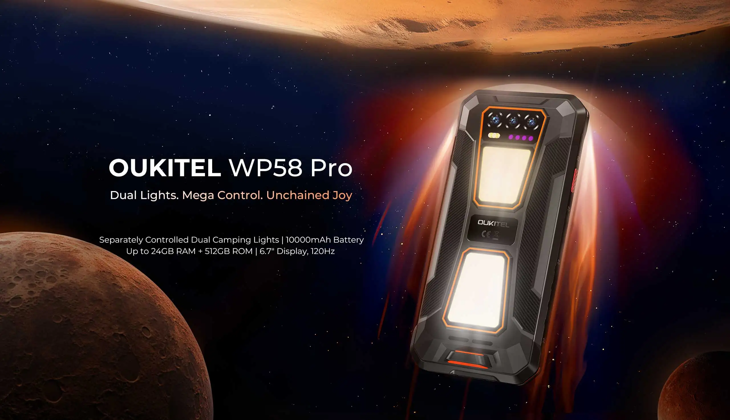 OUKITEL WP58 PRO 5G Rugged Smartphone 24GB(8+16) RAM + 512 ROM, Android 15 NFC 64MP Cellphone with Camping Lamp ,10000mAh 33W