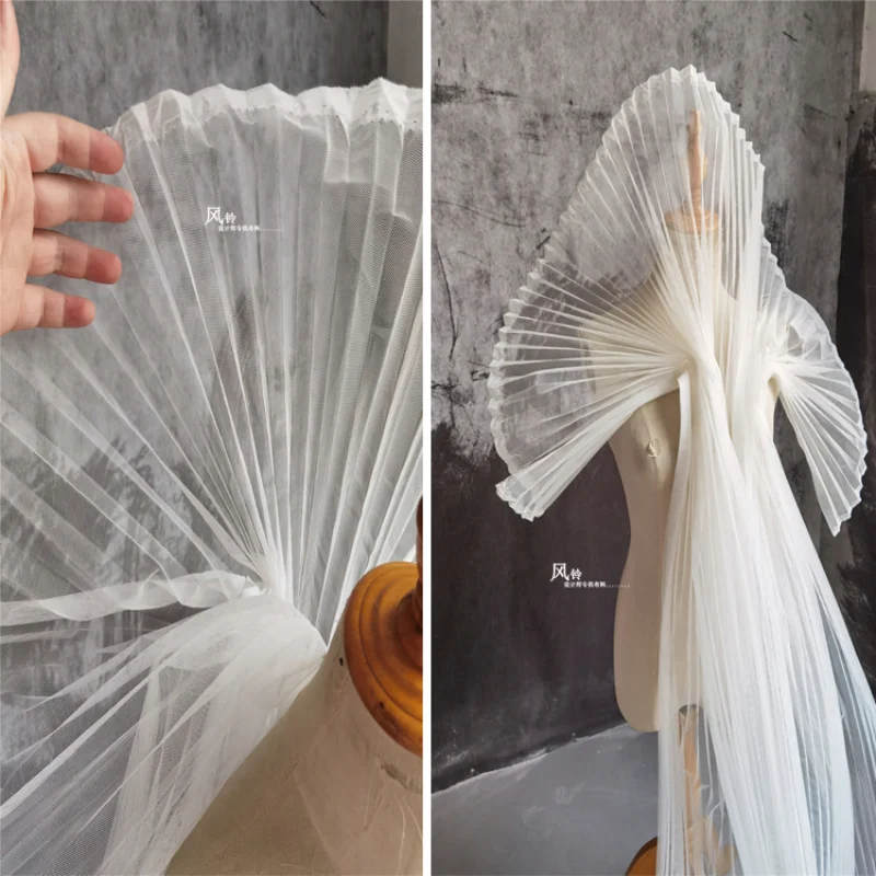 Accordion Pleated Mesh Tulle Fabric White DIY Bubble Skirt Wedding Dress Shape Sewing Fashion Dress Designer Fabric