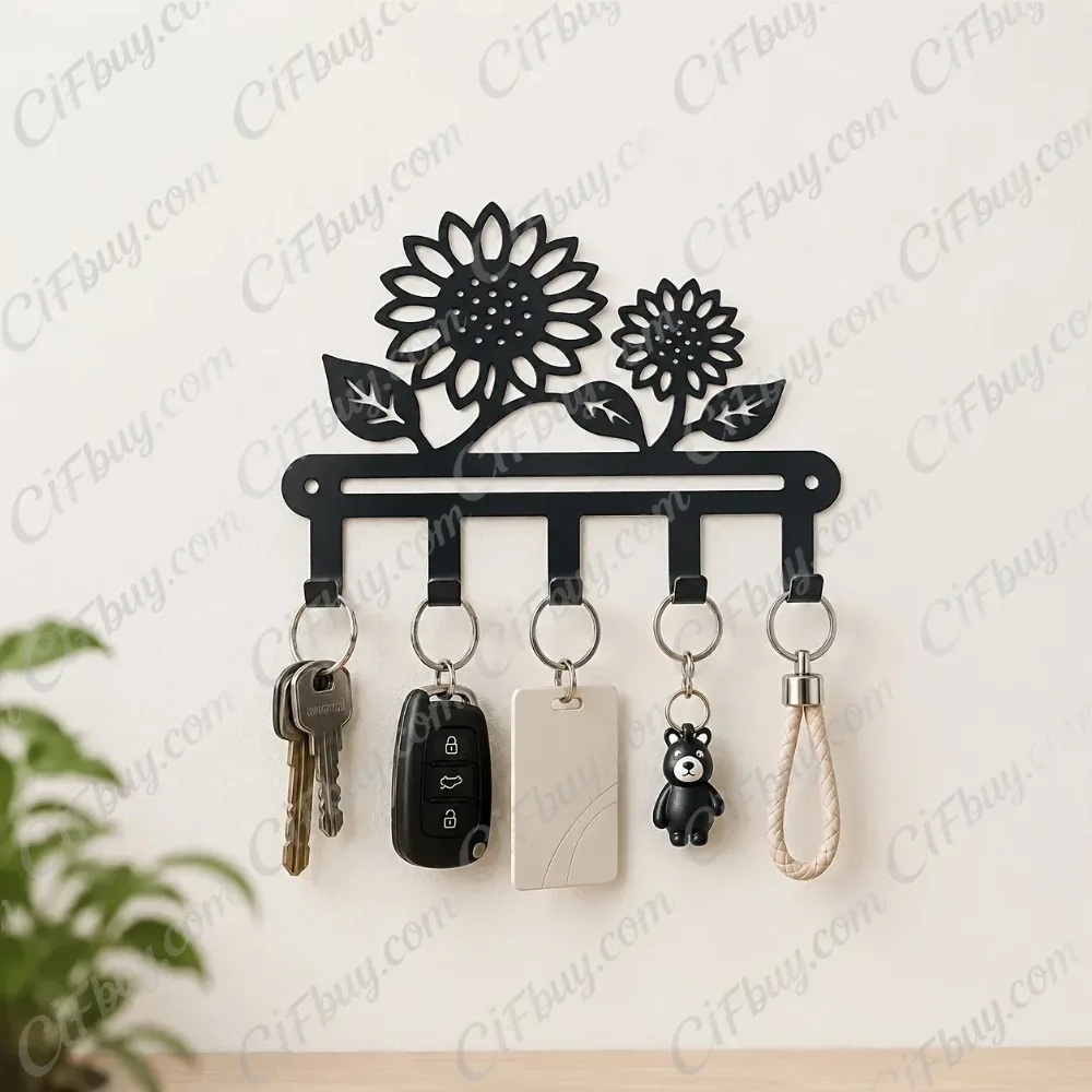 CIFBUY Sunflower Metal Key Holder Wall Mount Iron Hook Rack Rust Proof Waterproof For Indoor Outdoor Entryway Kitchen Home Decor