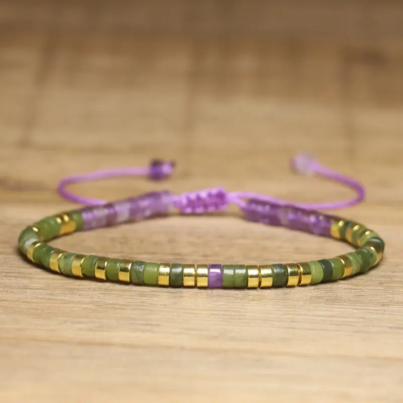 Handmade Braided Amethyst And Peridot Gemstone Bracelet 2X4Mm Beaded Design Adjustable Bohemian Style Jewelry