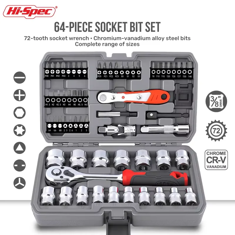 

Hi-Spec 1/4 3/8 ''Набор торцевых головок с храповым механизмом, динамометрический ключ CRV, набор торцевых ключей для ручных инструментов, набор отверток для ремонта автомобилей и дома