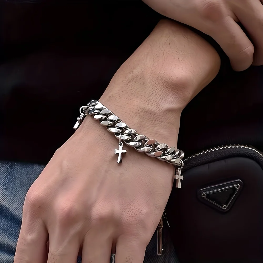 Hip-Hop Raw Cuban Chain Herrenarmband Silberfarben Edelstahl Kreuz-Quasten-Armband Modisches Trendiges Schmuckzubehör – Detail 1